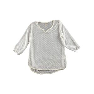 Grand & Greene White Swiss Dot Sheer V Neck Blouse 3/4 Sleeve Pom Pom Trim Top S